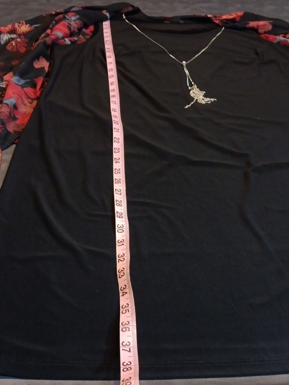 R&K Black Shift Dress with Red Floral Sheer Overlay and Blue Accents - Picture 11 of 12